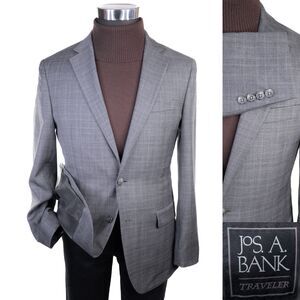 Jos A Bank Blazer Traveler Plaid Gray Sport Coat Sz 38R Suit Jacket Blazer EUC